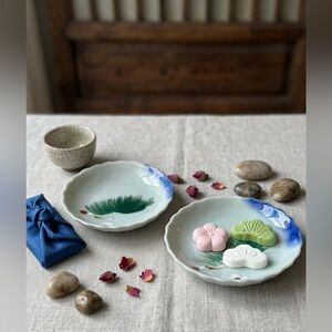 Vintage Japanese Celadon Scalloped Dishes - Hand-Painted Pine & Plum
